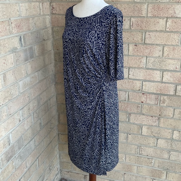 Connected Apparel Faux Wrap Dress Navy and Tan, Women’s Size 14 Petite 14P - Picture 2 of 8